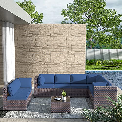 ASJMR Outdoor Patio Furniture Set with Fire Pit Table, 13 Pieces Outdoor Furniture Set Patio Sectional Sofa w/43in Propane Fire Pit, PE Wicker Rattan Patio Conversation Sets - Grey