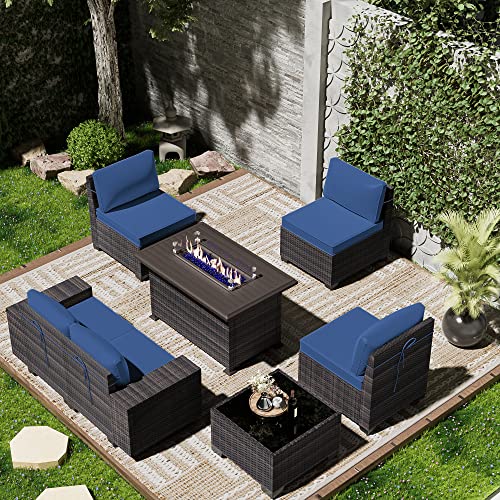 ASJMR Outdoor Patio Furniture Set with Fire Pit Table, 13 Pieces Outdoor Furniture Set Patio Sectional Sofa w/43in Propane Fire Pit, PE Wicker Rattan Patio Conversation Sets - Grey