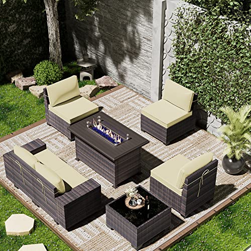ASJMR Outdoor Patio Furniture Set with Fire Pit Table, 13 Pieces Outdoor Furniture Set Patio Sectional Sofa w/43in Propane Fire Pit, PE Wicker Rattan Patio Conversation Sets - Grey