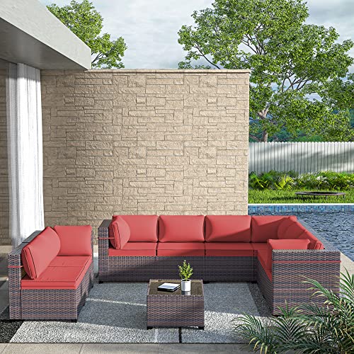 ASJMR Outdoor Patio Furniture Set with Fire Pit Table, 13 Pieces Outdoor Furniture Set Patio Sectional Sofa w/43in Propane Fire Pit, PE Wicker Rattan Patio Conversation Sets - Grey