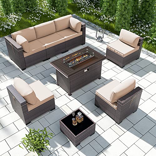 RTDTD Outdoor Patio Furniture Set with Propane Fire Pit Table, 13 Pieces Outdoor Furniture Patio Sectional Sofa Conversation Sets w/ETL Approved 43" Gas Outdoor Fire Table & Coffee Table (Brown)