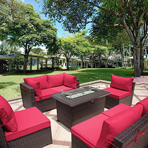 RTDTD Outdoor Patio Furniture Set with Propane Fire Pit Table, 13 Pieces Outdoor Furniture Patio Sectional Sofa Conversation Sets w/ETL Approved 43" Gas Outdoor Fire Table & Coffee Table (Brown)
