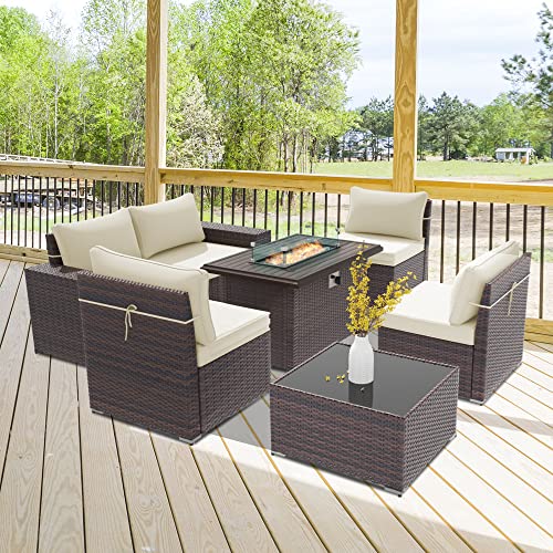 RTDTD Outdoor Patio Furniture Set with Propane Fire Pit Table, 13 Pieces Outdoor Furniture Patio Sectional Sofa Conversation Sets w/ETL Approved 43" Gas Outdoor Fire Table & Coffee Table (Brown)