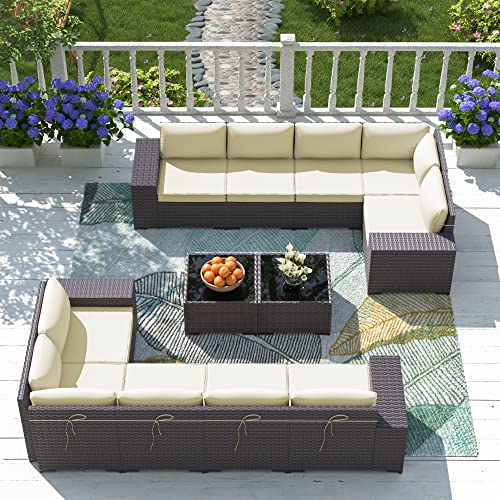 ASJMR Outdoor Patio Furniture Set with Fire Pit Table, 13 Pieces Outdoor Furniture Set Patio Sectional Sofa w/43in Propane Fire Pit, PE Wicker Rattan Patio Conversation Sets - Grey
