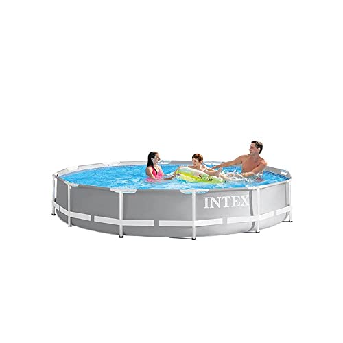 Intex 15 Foot x 42 Inch Prism Frame Above Ground Outdoor Backyard Swimming Pool Set with 1000 GPH Filter Pump, Ladder, and Secure Pool Cover, Gray