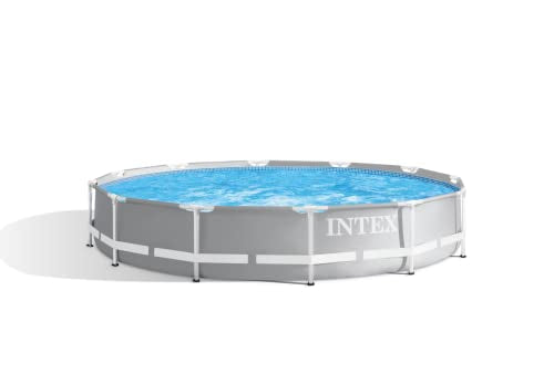 Intex 15 Foot x 42 Inch Prism Frame Above Ground Outdoor Backyard Swimming Pool Set with 1000 GPH Filter Pump, Ladder, and Secure Pool Cover, Gray