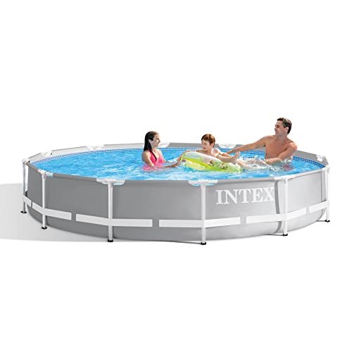 Intex 15 Foot x 42 Inch Prism Frame Above Ground Outdoor Backyard Swimming Pool Set with 1000 GPH Filter Pump, Ladder, and Secure Pool Cover, Gray