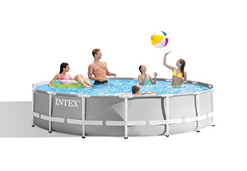 Intex 15 Foot x 42 Inch Prism Frame Above Ground Outdoor Backyard Swimming Pool Set with 1000 GPH Filter Pump, Ladder, and Secure Pool Cover, Gray