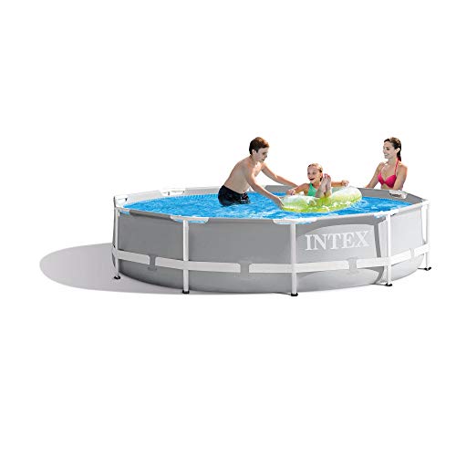 Intex 15 Foot x 42 Inch Prism Frame Above Ground Outdoor Backyard Swimming Pool Set with 1000 GPH Filter Pump, Ladder, and Secure Pool Cover, Gray