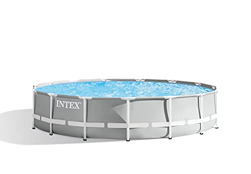Intex 15 Foot x 42 Inch Prism Frame Above Ground Outdoor Backyard Swimming Pool Set with 1000 GPH Filter Pump, Ladder, and Secure Pool Cover, Gray