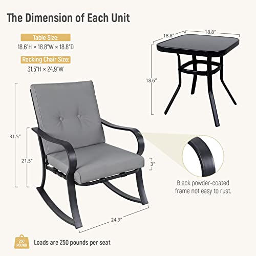 SOLAURA 3-Piece Outdoor Rocking Chairs Bistro Set, Black Iron Patio Furniture with Brown Thickened Cushion & Glass-Top Coffee Table