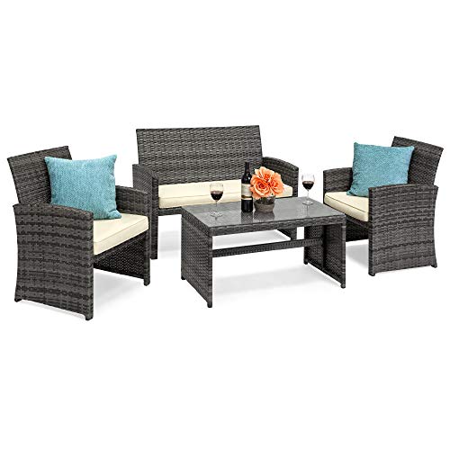 Best Choice Products 4-Piece Outdoor Wicker Patio Conversation Furniture Set for Backyard, Deck, Poolside w/Coffee Table, Seat Cushions - Gray Wicker/Navy Cushions