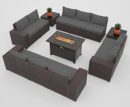 ASJMR Outdoor Patio Furniture Set with Fire Pit Table, 13 Pieces Outdoor Furniture Set Patio Sectional Sofa w/43in Propane Fire Pit, PE Wicker Rattan Patio Conversation Sets - Grey