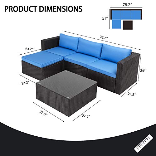 VITESSE 5 Pieces Patio Furniture Sectional Sets,Outdoor All-Weather PE Rattan Wicker Lawn Conversation Sets，Garden Sofa Set with Coffee Table and Washable Couch Cushions (Royal Blue)