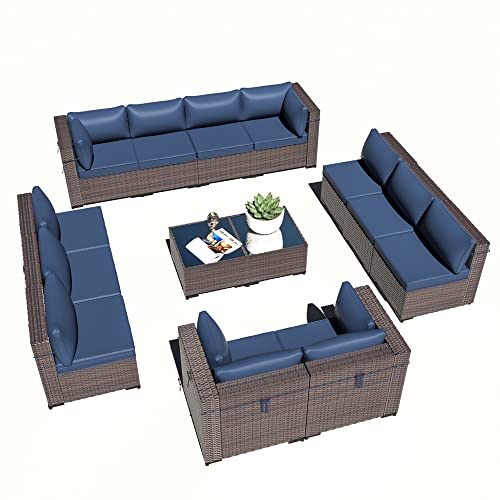 ASJMR Outdoor Patio Furniture Set with Fire Pit Table, 13 Pieces Outdoor Furniture Set Patio Sectional Sofa w/43in Propane Fire Pit, PE Wicker Rattan Patio Conversation Sets - Grey