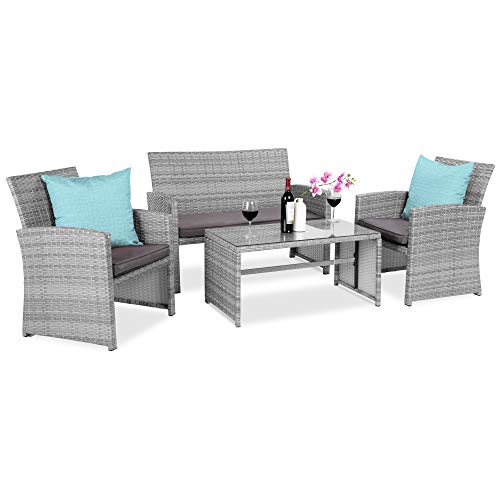 Best Choice Products 4-Piece Outdoor Wicker Patio Conversation Furniture Set for Backyard, Deck, Poolside w/Coffee Table, Seat Cushions - Gray Wicker/Navy Cushions