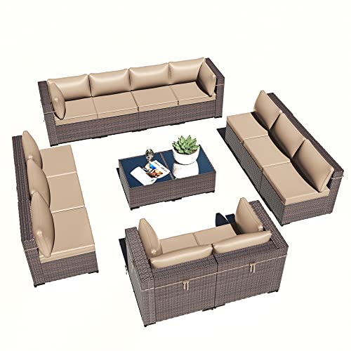 ASJMR Outdoor Patio Furniture Set with Fire Pit Table, 13 Pieces Outdoor Furniture Set Patio Sectional Sofa w/43in Propane Fire Pit, PE Wicker Rattan Patio Conversation Sets - Grey