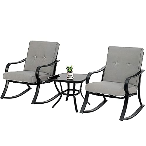 SOLAURA 3-Piece Outdoor Rocking Chairs Bistro Set, Black Iron Patio Furniture with Brown Thickened Cushion & Glass-Top Coffee Table
