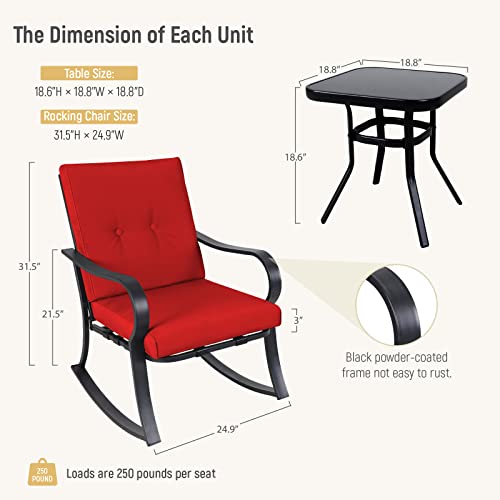 SOLAURA 3-Piece Outdoor Rocking Chairs Bistro Set, Black Iron Patio Furniture with Brown Thickened Cushion & Glass-Top Coffee Table
