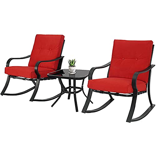 SOLAURA 3-Piece Outdoor Rocking Chairs Bistro Set, Black Iron Patio Furniture with Brown Thickened Cushion & Glass-Top Coffee Table