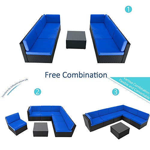 VITESSE 5 Pieces Patio Furniture Sectional Sets,Outdoor All-Weather PE Rattan Wicker Lawn Conversation Sets，Garden Sofa Set with Coffee Table and Washable Couch Cushions (Royal Blue)