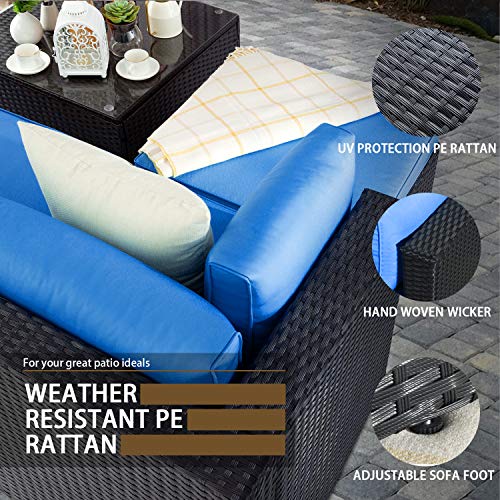 VITESSE 5 Pieces Patio Furniture Sectional Sets,Outdoor All-Weather PE Rattan Wicker Lawn Conversation Sets，Garden Sofa Set with Coffee Table and Washable Couch Cushions (Royal Blue)