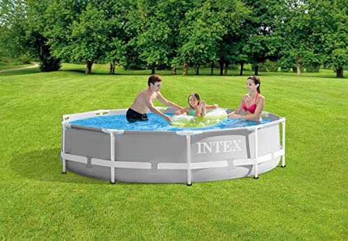 Intex 15 Foot x 42 Inch Prism Frame Above Ground Outdoor Backyard Swimming Pool Set with 1000 GPH Filter Pump, Ladder, and Secure Pool Cover, Gray