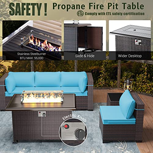 RTDTD Outdoor Patio Furniture Set with Propane Fire Pit Table, 13 Pieces Outdoor Furniture Patio Sectional Sofa Conversation Sets w/ETL Approved 43" Gas Outdoor Fire Table & Coffee Table (Brown)