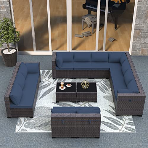 ASJMR Outdoor Patio Furniture Set with Fire Pit Table, 13 Pieces Outdoor Furniture Set Patio Sectional Sofa w/43in Propane Fire Pit, PE Wicker Rattan Patio Conversation Sets - Grey