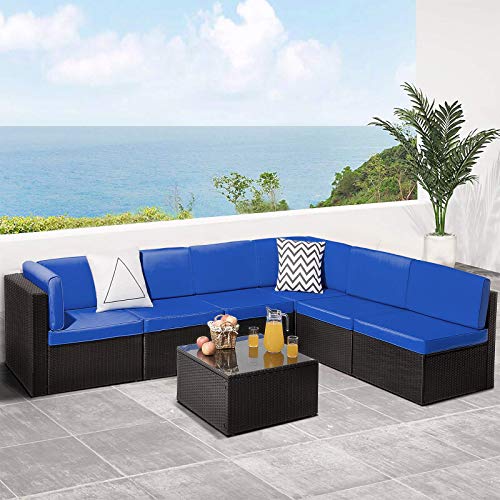 VITESSE 5 Pieces Patio Furniture Sectional Sets,Outdoor All-Weather PE Rattan Wicker Lawn Conversation Sets，Garden Sofa Set with Coffee Table and Washable Couch Cushions (Royal Blue)