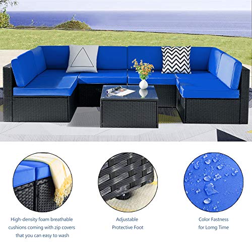 VITESSE 5 Pieces Patio Furniture Sectional Sets,Outdoor All-Weather PE Rattan Wicker Lawn Conversation Sets，Garden Sofa Set with Coffee Table and Washable Couch Cushions (Royal Blue)