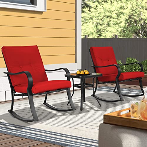 SOLAURA 3-Piece Outdoor Rocking Chairs Bistro Set, Black Iron Patio Furniture with Brown Thickened Cushion & Glass-Top Coffee Table
