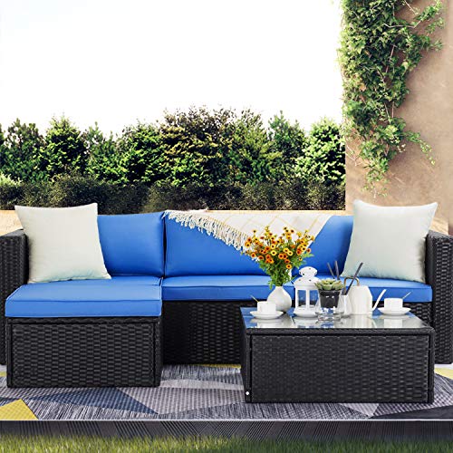 VITESSE 5 Pieces Patio Furniture Sectional Sets,Outdoor All-Weather PE Rattan Wicker Lawn Conversation Sets，Garden Sofa Set with Coffee Table and Washable Couch Cushions (Royal Blue)