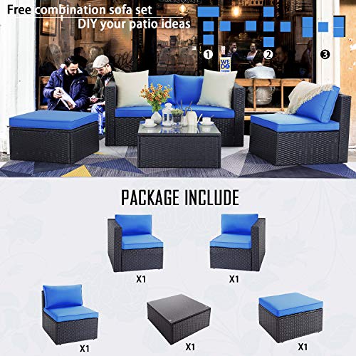 VITESSE 5 Pieces Patio Furniture Sectional Sets,Outdoor All-Weather PE Rattan Wicker Lawn Conversation Sets，Garden Sofa Set with Coffee Table and Washable Couch Cushions (Royal Blue)