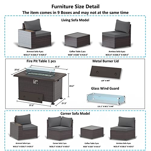 ASJMR Outdoor Patio Furniture Set with Fire Pit Table, 13 Pieces Outdoor Furniture Set Patio Sectional Sofa w/43in Propane Fire Pit, PE Wicker Rattan Patio Conversation Sets - Grey