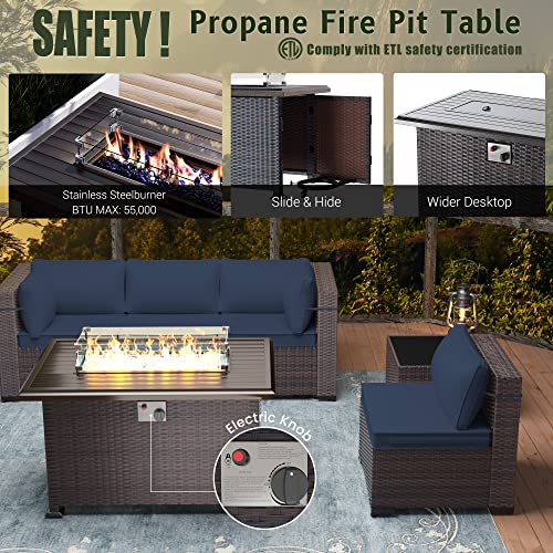 RTDTD Outdoor Patio Furniture Set with Propane Fire Pit Table, 13 Pieces Outdoor Furniture Patio Sectional Sofa Conversation Sets w/ETL Approved 43" Gas Outdoor Fire Table & Coffee Table (Brown)