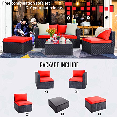 VITESSE 5 Pieces Patio Furniture Sectional Sets,Outdoor All-Weather PE Rattan Wicker Lawn Conversation Sets，Garden Sofa Set with Coffee Table and Washable Couch Cushions (Royal Blue)