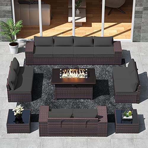 ASJMR Outdoor Patio Furniture Set with Fire Pit Table, 13 Pieces Outdoor Furniture Set Patio Sectional Sofa w/43in Propane Fire Pit, PE Wicker Rattan Patio Conversation Sets - Grey
