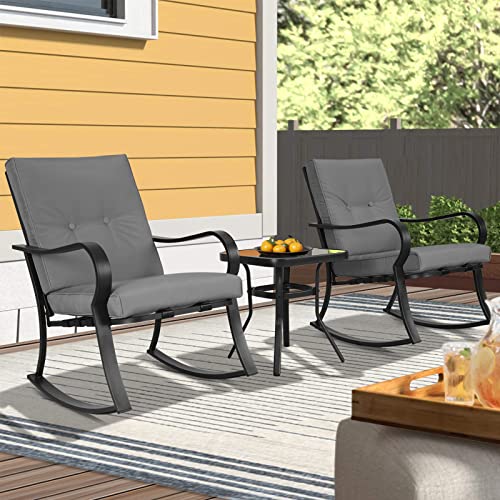 SOLAURA 3-Piece Outdoor Rocking Chairs Bistro Set, Black Iron Patio Furniture with Brown Thickened Cushion & Glass-Top Coffee Table
