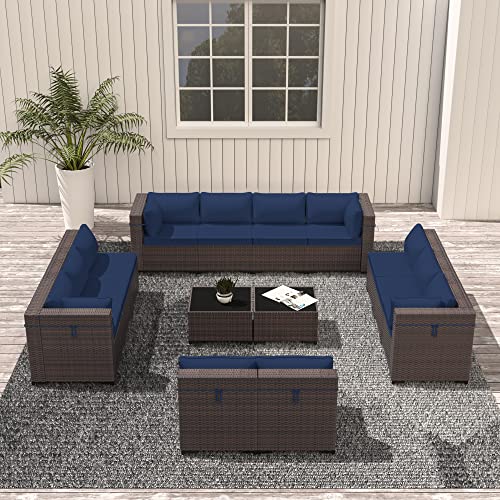 ASJMR Outdoor Patio Furniture Set with Fire Pit Table, 13 Pieces Outdoor Furniture Set Patio Sectional Sofa w/43in Propane Fire Pit, PE Wicker Rattan Patio Conversation Sets - Grey