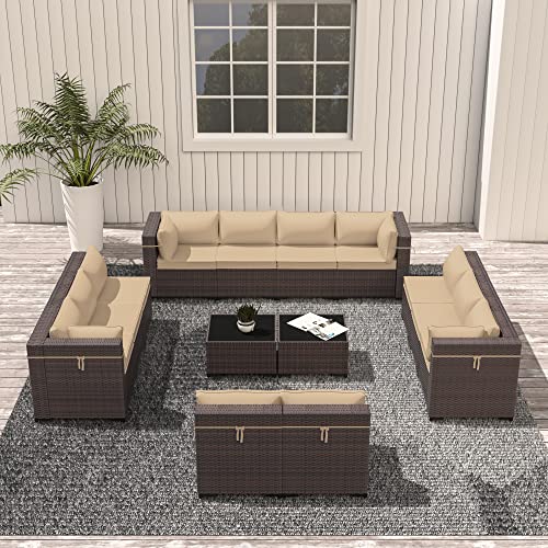 ASJMR Outdoor Patio Furniture Set with Fire Pit Table, 13 Pieces Outdoor Furniture Set Patio Sectional Sofa w/43in Propane Fire Pit, PE Wicker Rattan Patio Conversation Sets - Grey