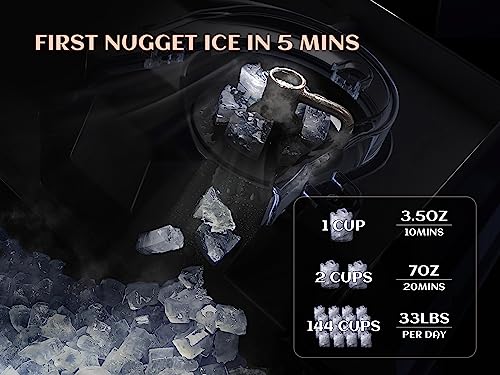 ecozy Nugget Ice Maker Countertop - Chewable Pellet Ice Cubes, 33 lbs Daily Output, Stainless Steel Housing, Self-Cleaning Ice Machine with Ice Bags for Parties, Kitchen, Bar, Office, Silver