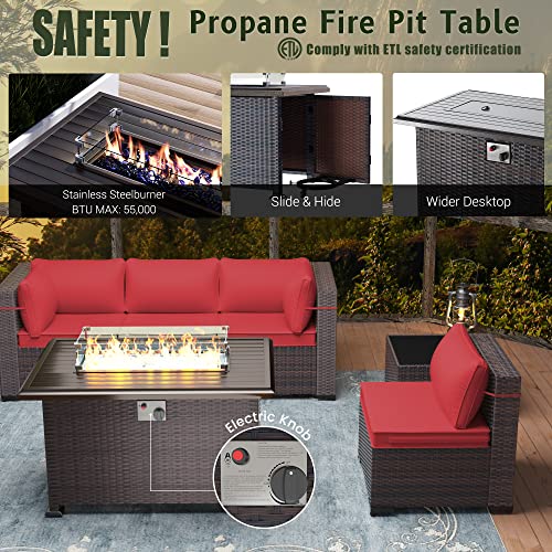RTDTD Outdoor Patio Furniture Set with Propane Fire Pit Table, 13 Pieces Outdoor Furniture Patio Sectional Sofa Conversation Sets w/ETL Approved 43" Gas Outdoor Fire Table & Coffee Table (Brown)