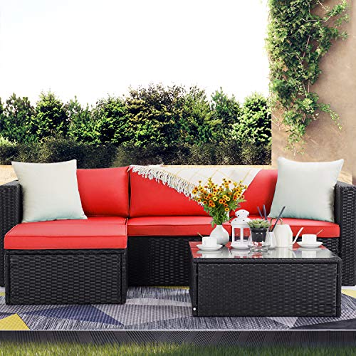 VITESSE 5 Pieces Patio Furniture Sectional Sets,Outdoor All-Weather PE Rattan Wicker Lawn Conversation Sets，Garden Sofa Set with Coffee Table and Washable Couch Cushions (Royal Blue)