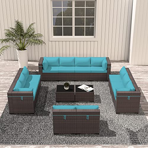 ASJMR Outdoor Patio Furniture Set with Fire Pit Table, 13 Pieces Outdoor Furniture Set Patio Sectional Sofa w/43in Propane Fire Pit, PE Wicker Rattan Patio Conversation Sets - Grey