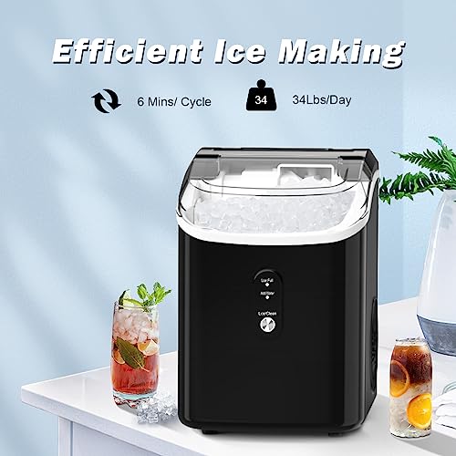 Nugget Ice Maker Countertop, Portable Crushed Ice Machine, Self Cleaning Ice Makers with One-Click Operation, Soft Chewable Pebble Ice in 7 Mins, 34Lbs/24H with Ice Scoop for Home Bar Camping RV