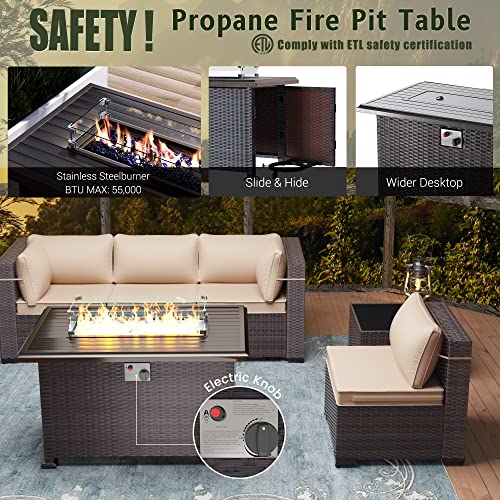 RTDTD Outdoor Patio Furniture Set with Propane Fire Pit Table, 13 Pieces Outdoor Furniture Patio Sectional Sofa Conversation Sets w/ETL Approved 43" Gas Outdoor Fire Table & Coffee Table (Brown)