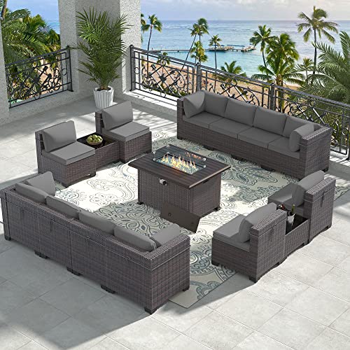 RTDTD Outdoor Patio Furniture Set with Propane Fire Pit Table, 13 Pieces Outdoor Furniture Patio Sectional Sofa Conversation Sets w/ETL Approved 43" Gas Outdoor Fire Table & Coffee Table (Brown)
