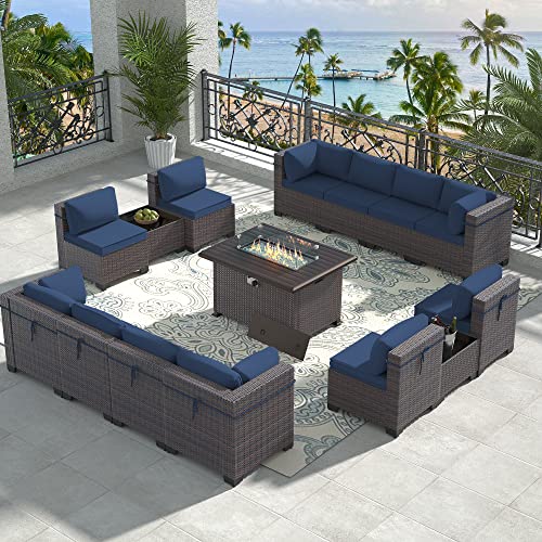 RTDTD Outdoor Patio Furniture Set with Propane Fire Pit Table, 13 Pieces Outdoor Furniture Patio Sectional Sofa Conversation Sets w/ETL Approved 43" Gas Outdoor Fire Table & Coffee Table (Brown)