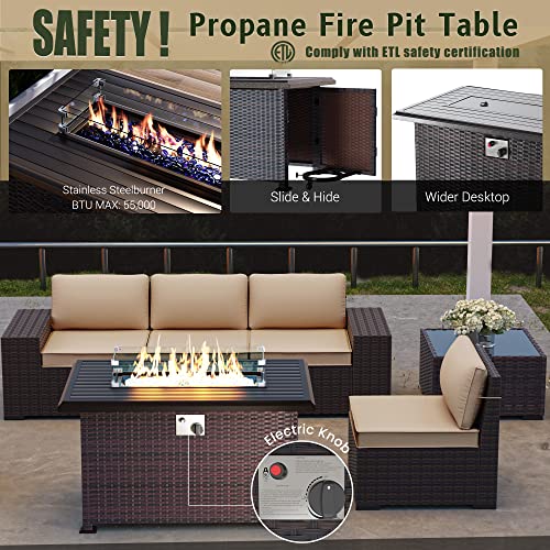 RTDTD Outdoor Patio Furniture Set with Propane Fire Pit Table, 13 Pieces Outdoor Furniture Patio Sectional Sofa Conversation Sets w/ETL Approved 43" Gas Outdoor Fire Table & Coffee Table (Brown)
